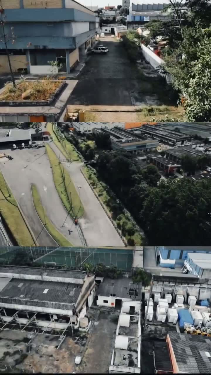 Três vistas aéreas do campo da Fortaleza, uma sobre a outra: a rua interna entre os galpões, o pátio de concreto com as pistas, e os telhados do complexo industrial vistos de cima.